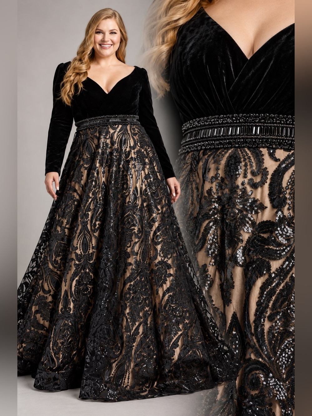 New Mac Duggal 67614 Black and Beige with Lace Skirt Overlay Full Ball Gown 20W
